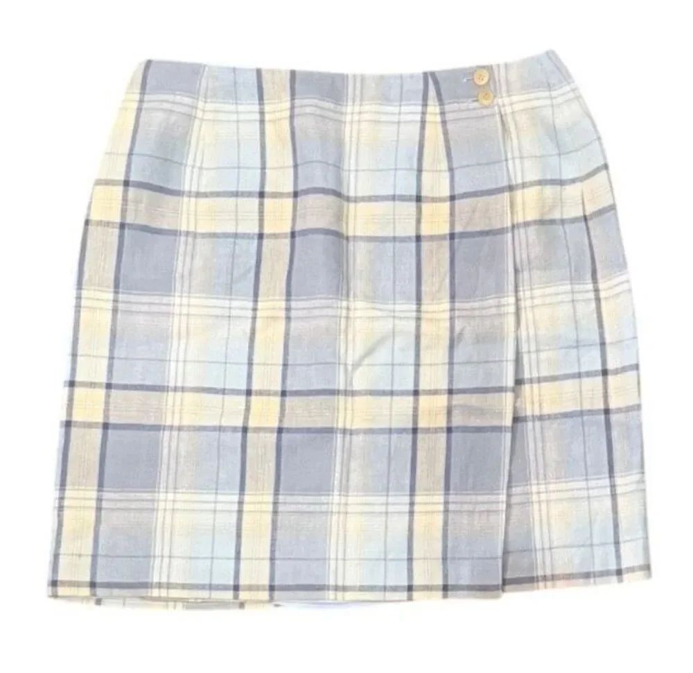 Talbots Vtg 100% Linen Wrap Skirt Blue Green Yellow Plaid Irish Linen Lined Pre
